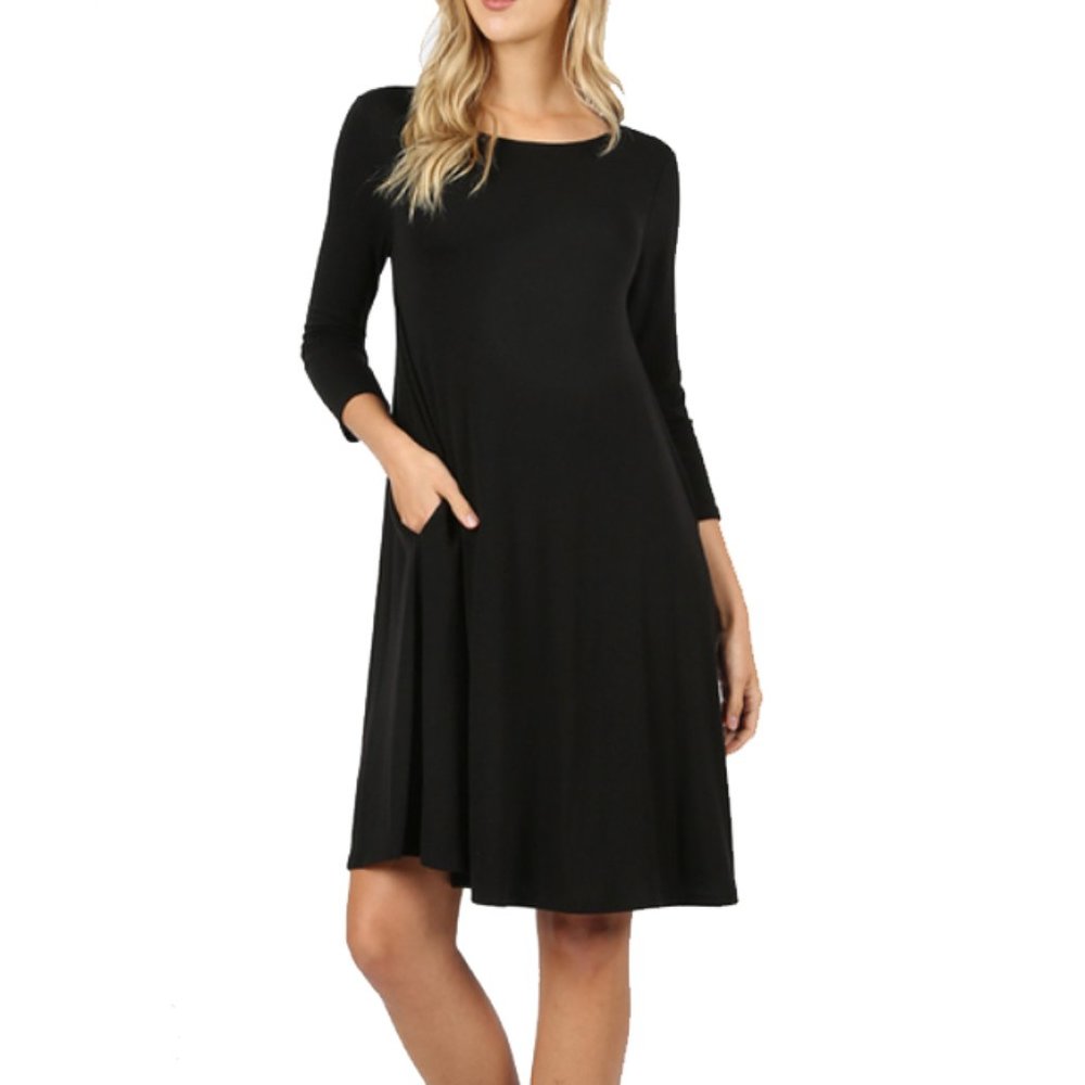 Black 3/4 Sleeve Flare Dress with Pockets